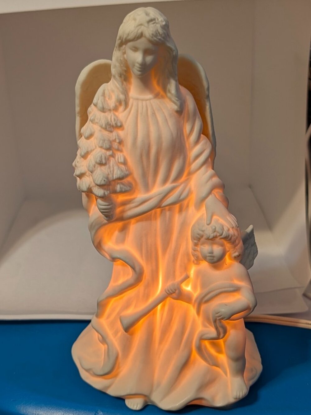Bisque lighted angel with tree Home for the Holidays in Original box 1995 VTG